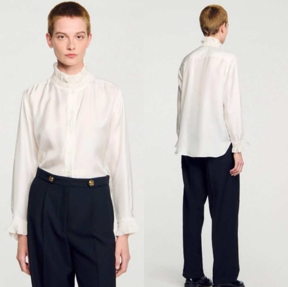 Sandro White Ruffle-Neck Blouse with Black Trousers